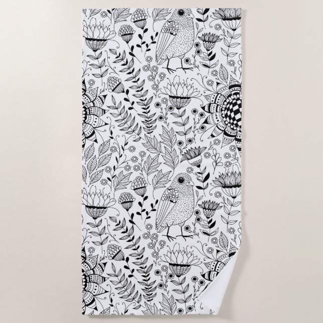 Serviette De Plage Motif de doodle d'oiseaux et de fleurs (Devant)