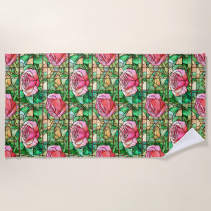 Serviette De Plage Motif de faux vitrail Rose Rose Élégant