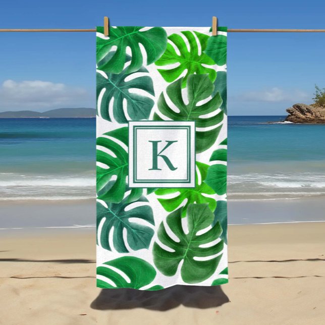 Serviette De Plage Motif de feuille de palmier tropical monogramme (Monogram Tropical Palm Leaf Pattern Beach Towel)