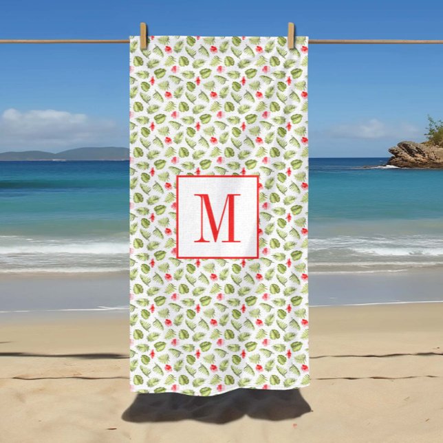 Serviette De Plage Motif de feuilles de palmier tropicales à monogram (Pink Monogrammed Tropical Palm Leaves Pattern Beach Towel)
