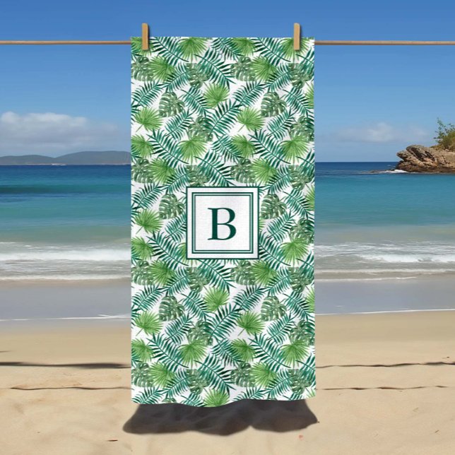 Serviette De Plage Motif de feuilles de palmier tropicales monogrammé (Monogrammed Tropical Palm Leaves Pattern Beach Towel)
