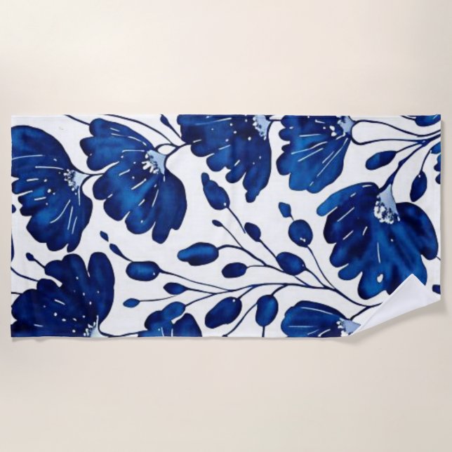 Serviette De Plage Motif de fleurs bleu marine (Devant)