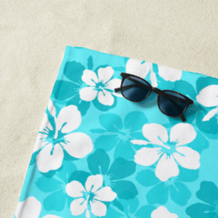 Serviette De Plage Motif de fleurs tropicales bleu et blanc Hibiscus