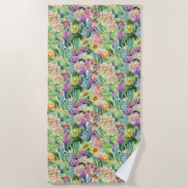 Serviette De Plage Motif de floraison exotique de cactus d'aquarelle (Devant)