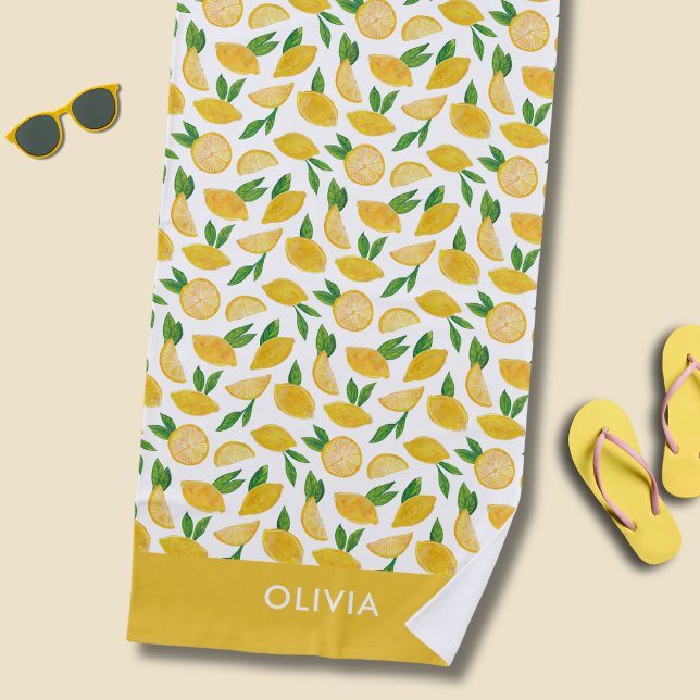 Serviette De Plage Motif de fruit de citron agrume (Lemon beach towel with personalized name or choice of text)