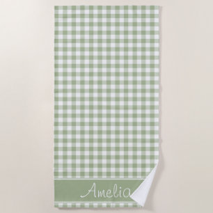 Serviette De Plage Motif de guingan de vert sauge personnalisé