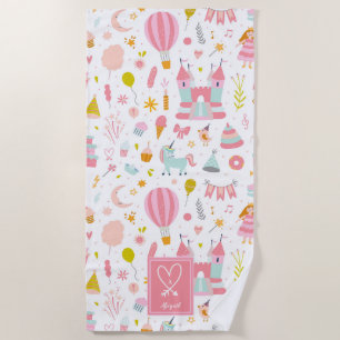 Serviette De Plage Motif de la soirée Unicorn rose Monogrammed Girls