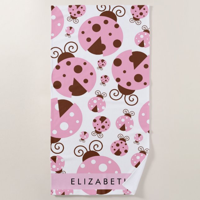 Serviette De Plage Motif De Ladybugs, Ladybugs Rose, Votre Nom (Devant)