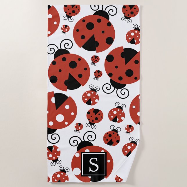 Serviette De Plage Motif De Ladybugs, Red Ladybugs, Monogramme (Devant)