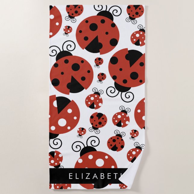 Serviette De Plage Motif De Ladybugs, Red Ladybugs, Votre Nom (Devant)