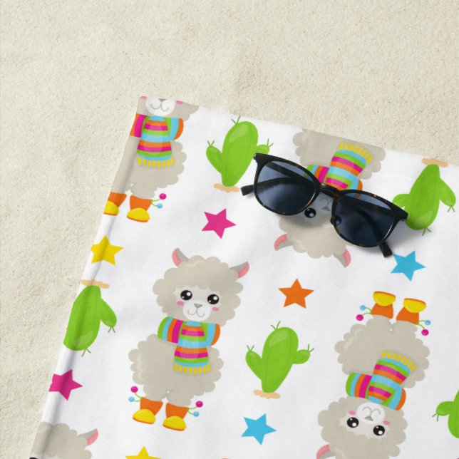Serviette De Plage Motif De Llamas, Cute Llamas, Alpacas, Cactus (En situation)