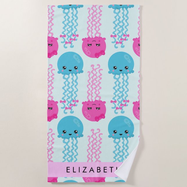 Serviette De Plage Motif de méduses, Mignonne méduse, Mer, Votre nom (Devant)