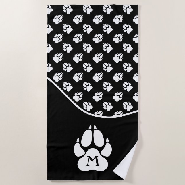 Serviette De Plage Motif de patte de chien noir et blanc & monogramme (Devant)