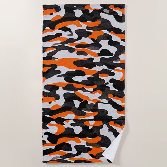 Serviette De Plage Motif de plage de camouflage noir orange (Devant)