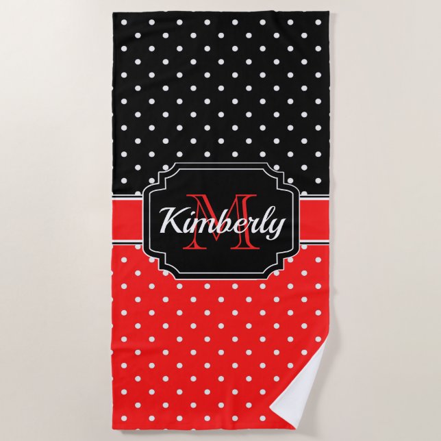 Serviette De Plage Motif de points noirs et rouges (Devant)