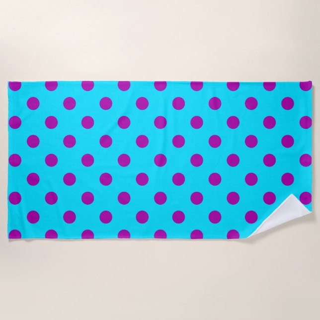 Serviette De Plage Motif de pois en violet sur fond bleu (Devant)