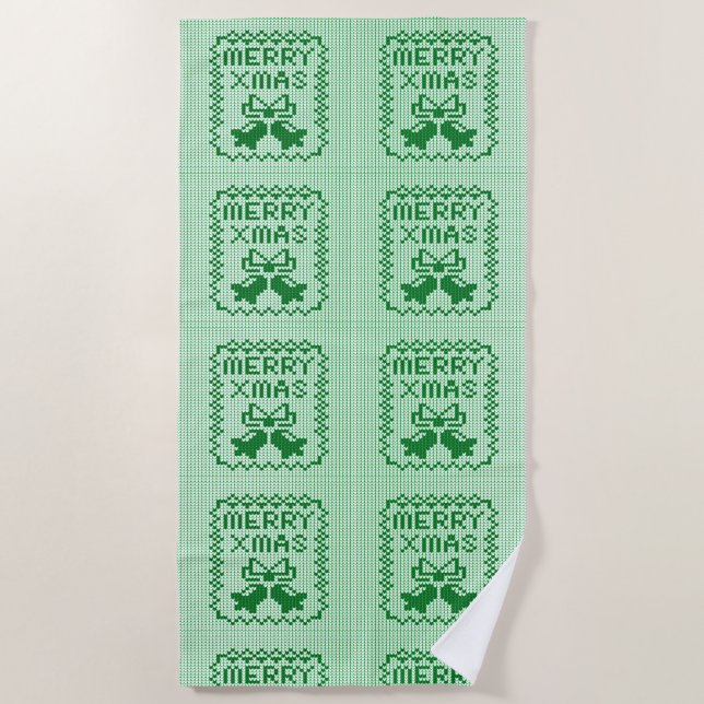 Serviette De Plage Motif de pull moche avec grelots et Joyeux Noël w (Devant)