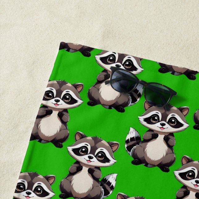 Serviette De Plage Motif de Raton Laveur Vert  (En situation)