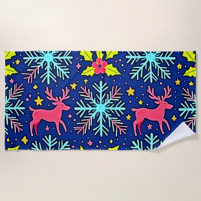Serviette De Plage Motif de Renne de Noël Bleu Foncé Design (Devant)
