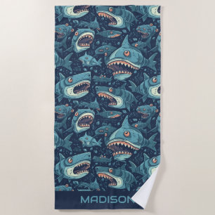 Serviette De Plage Motif de requins de nom personnalisé