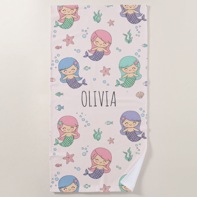 Serviette De Plage Motif de sirène de dessin animé mignon (Devant)