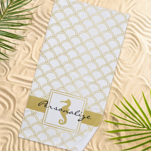 Serviette De Plage Motif de vague océanique Art Déco Hippocampe Paill