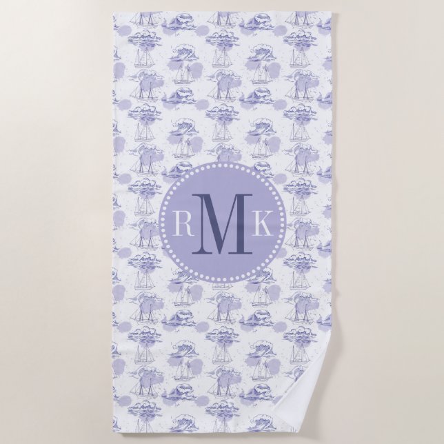 Serviette De Plage Motif de vagues et de bateaux d'aquarelle (Devant)