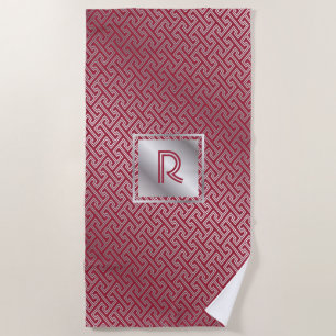 Serviette De Plage Motif de verrouillage argenté rouge de monogramme