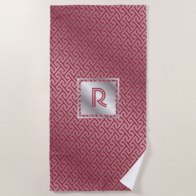 Serviette De Plage Motif de verrouillage argenté rouge de monogramme (Devant)