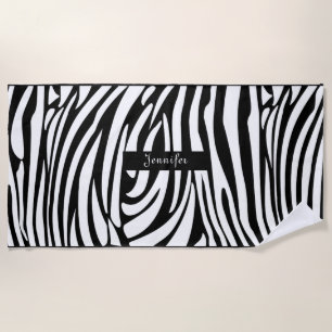Serviette De Plage Motif de zèbre à rayures noir et blanc Monogramme