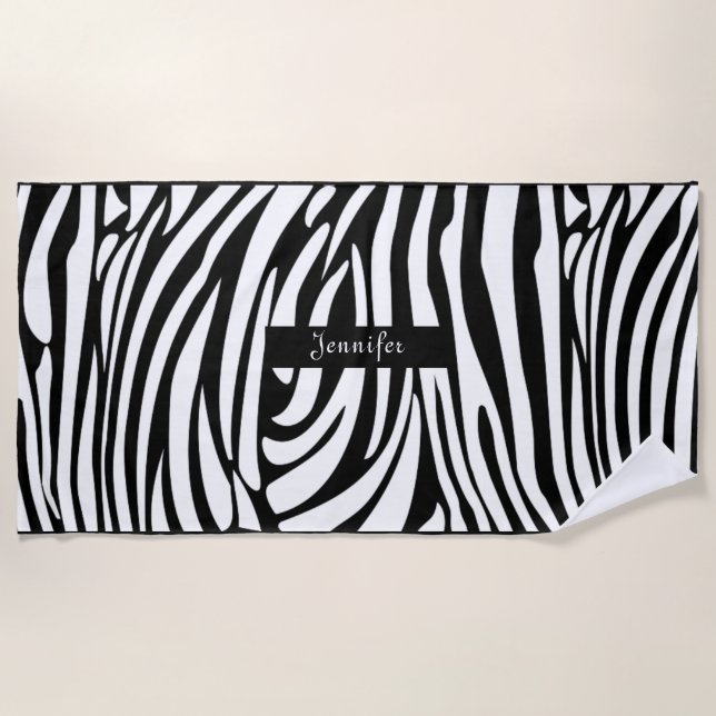 Serviette De Plage Motif de zèbre à rayures noir et blanc Monogramme (Devant)