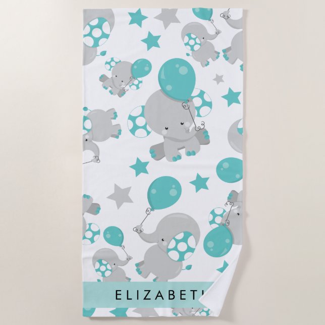 Serviette De Plage Motif D'Eléphants, Eléphants Mignons, Votre Nom (Devant)