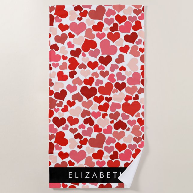 Serviette De Plage Motif Des Coeurs, Coeurs Rouges, Amour, Votre Nom (Devant)