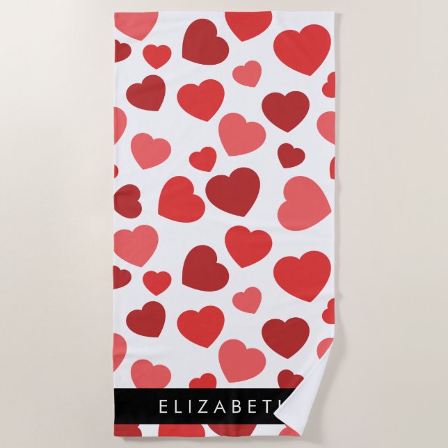 Serviette De Plage Motif Des Coeurs, Coeurs Rouges, Votre Nom (Devant)