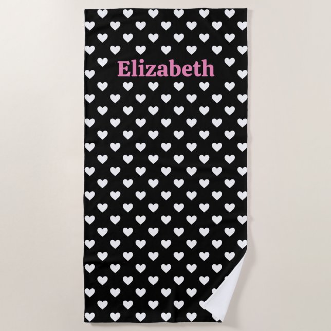 Serviette De Plage Motif des Coeurs Noir et Blanc (Devant)