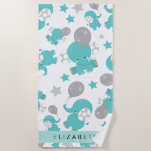 Serviette De Plage Motif Des Eléphants Bleus, Étoiles, Votre Nom