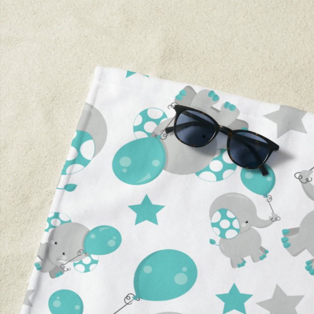 Serviette De Plage Motif Des Eléphants, Eléphants Mignons - Gris Bleu (En situation)