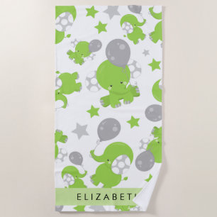 Serviette De Plage Motif Des Eléphants Verts, Étoiles, Votre Nom