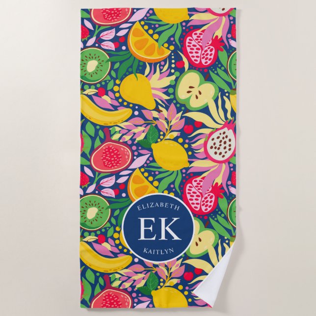 Serviette De Plage Motif d'été pour le Monogramme de fruits tropicaux (Devant)