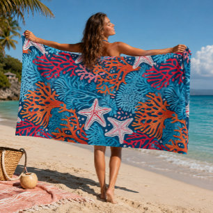 Serviette De Plage Motif d'étoiles de mer et de corail tropicaux