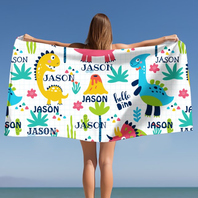 Serviette De Plage Motif Dinosaur lumineux avec nom personnalisé (Bright Dinosaur Pattern with Custom Name Beach Towel)