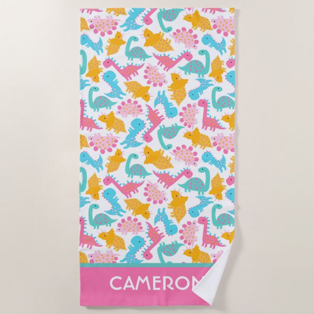 Serviette De Plage Motif Dinosaur rose et Turquoise (Devant)
