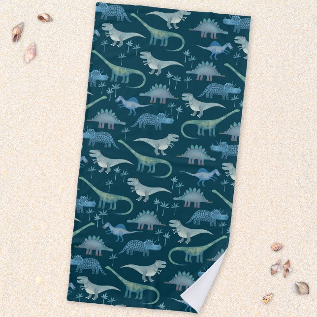 Serviette De Plage Motif Dinosaure vert foncé (Fun prehistoric dinosaur pattern beach towel for paleontologists of all ages)