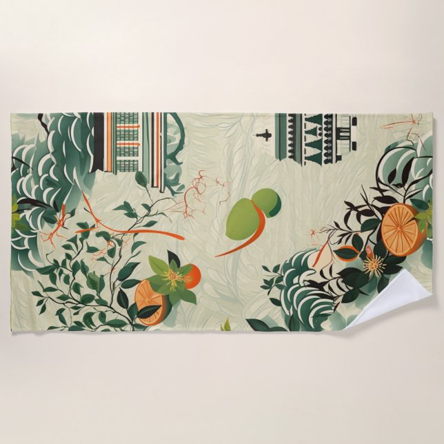 Serviette De Plage Motif d'oranges Ethereales avec temples Zen (Devant)