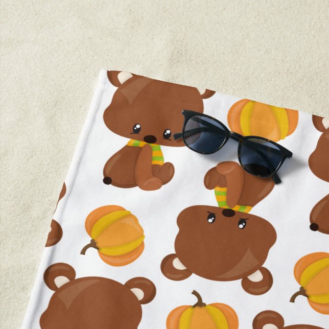 Serviette De Plage Motif D'Ours, Ours Mignons, Automne, Citrouille (En situation)