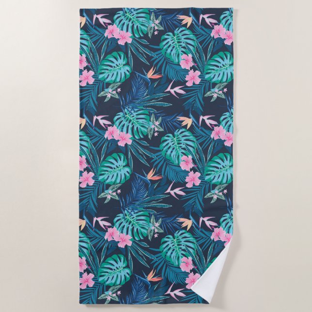 Serviette De Plage Motif du Jardin des Fleurs Tropicales Bleues (Devant)