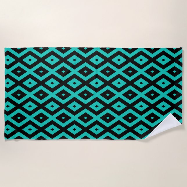 Serviette De Plage Motif en diamant noir et turquoise (Devant)