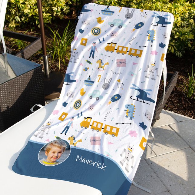 Serviette De Plage Motif enfant mignon Photo et nom Boy Blue (Créateur téléchargé)