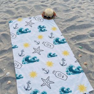 Serviette De Plage Motif estival nautique de soleil et de vague sans