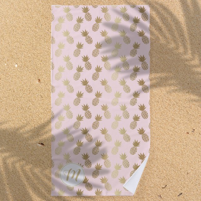 Serviette De Plage Motif et monogramme d'ananas rose et or (Créateur téléchargé)